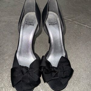Stuart Weitzman Black Bow Peep-Toe Heels